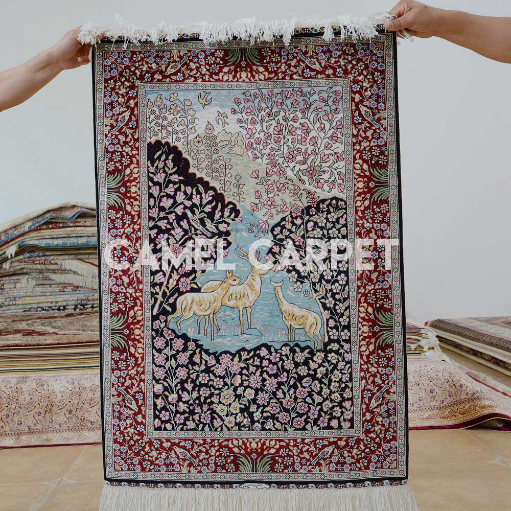 Handmade Deer Trees Ghom Silk Carpet.jpg